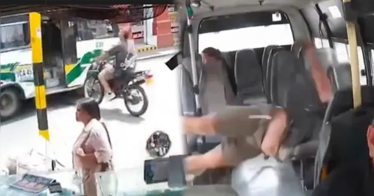 O motociclista se chocou com o ônibus em um cruzamento na Colômbia. | (Reprodução/Redes Sociais)